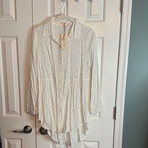 Solitaire White Button Down Shirt with Polka Hearts